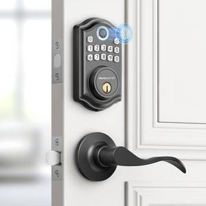 lot 19509 image: AkaGear DS10 Keyless Entry Door Lock with Handle - 2 Lever Handles, Fingerprint Door Lock, Keypad Deadbolt, 2 Keys, Code, Smart Locks for Front Door, Auto-Lock, Easy Installation - Matte Black