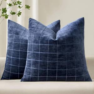 lot 19526 image: MIULEE Decorative Chenille Check Throw Pillow Covers Vintage Plaid Couch Pillows 20x20 Inch Set of 2 Neutral Boho Farmhouse Cushion Covers Modern Home Coastal Decor for Sofa Bed Living Room Navy Blue