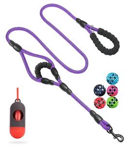 lot 20171 image: JSXD 5 FT Heavy Duty Double Handle Dog Leash with Comfortable Padded and Reflective Rope, for Small, Medium, Large Dogs (Rope-Purple)