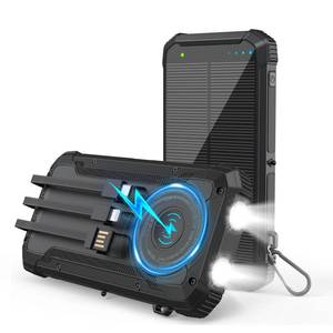 lot 20172 image: Solar Power Bank 20000mAh Wireless Portable Charger Built-in 3 Cables 15W USB-C Fast Charging Black Battery Pack Compatible with iPhone, Samsung, Emergency LED Flashlights Perfect for Camping, Hiking