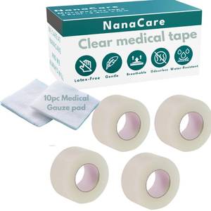 lot 20183 image: NanaCare Clear Medical Tape Waterproof, 4 Rolls x 1 inch  10 pc Gauze Pads - Hypoallergenic Surgical Tape for Wound Care, Dressings & Face, First Aid Waterproof Bandage for Sensitive Skin