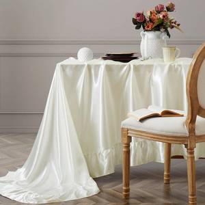 lot 20388 image: Vonty Ruffle Tablecloth White Satin Tablecloth - 60 x 120, Silky Table Cloth Rectangle Scalloped Table Cloth Farmhouse Tables Cover Silk Tablecloths Vintage Tables Skirt for Kitchen Dining