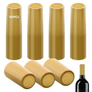 lot 20396 image: 100 Pieces PVC Heat Shrink Cap with Tear Tab for Wine Bottle, 30x60mm Wine Shrink Wrap Seals Sleeves Caps Shrink Top Cover for Wine Cellars Home Kitchen Use (Gold)