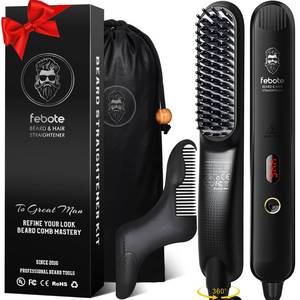 lot 20419 image: FEBOTE Heated Ionic Hair Straightening Brush for Men - 5 Temperature Settings, Anti-Scald, Beard Shaper & Travel Bag