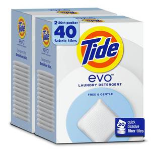 lot 20424 image: Tide evo Free & Gentle Tiles Fragrance-Free Hypoallergenic Laundry Detergent Fiber Tiles for Sensitive Skin Works on 100% of Common Stains Safe for All Machines and Water Conditions, 40 Count