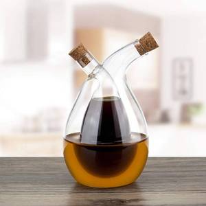 lot 20431 image: BOLLAER Glass Olive Oil Bottle Cruet, Hand-Blown, Moist Bottom, High Borosilicate Glass, 2 in 1 Oil and Vinegar Bottle, 2 oz