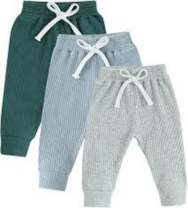 lot 12361 image: Ribbed Cotton Baby Pants - Blue, Green & Striped 3Pck For 6Months