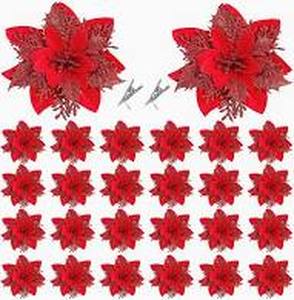 lot 14310 image: Geosar 24 Christmas Glitter Artificial Poinsettia Flowers Xmas Poinsettia Artificial Wedding Flowers Decorations Xmas Tree Ornaments with Clips for Party Favors, 6 Inch, 4 Inch, 3 Inch (Red)