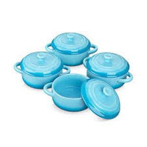 lot 19430 image: LOVECASA Mini Cocotte Set, 12 OZ Small Casserole Dishes with Lids, Soup Bowls With Handles, Individual Ramekins, Oven, Microwave & Dishwasher Safe, Set of 4, Blue