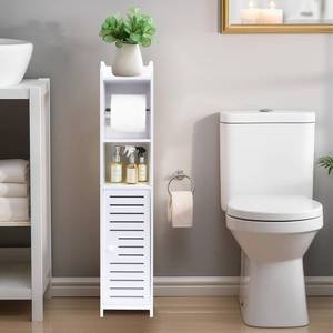 lot 1635 image: ShellKingdom Toilet Paper Holder Stand with Rods, Small Bathroom Storage Cabinet with Doors and Shelves, Slim Storage Cabinet for Bathroom Small Spaces Corner Floor - White