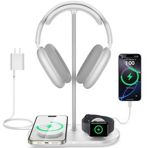 lot 1640 image: TopMade 5 in 1 Headphone Stand for Desk with Wireless Charger and USB Charging for iPhoneAirPodsiWatch, Universal Desktop Gaming Headset Holder for Airpods Max, Bose, Beats, Razer and More, White