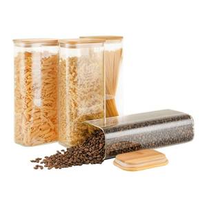lot 1649 image: D2scrma 71oz Rectangle Airtight Glass Storage Containers with Bamboo Lids (Set of 4), Square Food Storage Jar, Pantry Organizers for Sugar, Flour, Spaghetti and Coffee beans (with Black Lable)