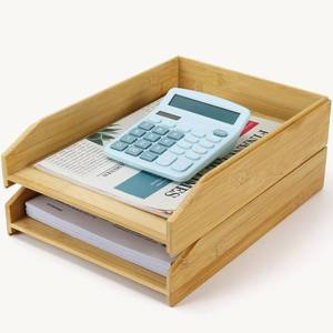 lot 1653 image: Multibey A4 Bamboo Stackable Paper Tray 2-Pack, 2-Tier Anti-Toppling Desk Organizer, Wooden Letter Document Magazine Tray Desktop File Folder Holder for Office and Home Supplies