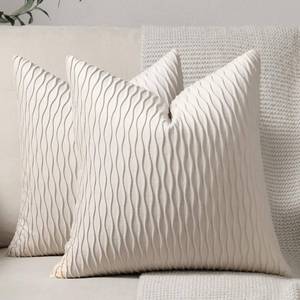 lot 2471 image: DEZENE Ivory White Couch Pillow Covers 2 Pack 24x24 Inch Original Striped Velvet Square Throw Pillow Cases for Farmhouse Home Decor