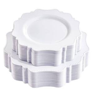 lot 3203 image: COLOSUS 60PCS White Plastic Plates for 30 guests-Fancy Plastic Beaded Plates,Plastic Plates for Party, Elegant White plates,Include 30 PCS 10.5 Dinner plates and 30PCS 8.25in Dessert plates for easterin