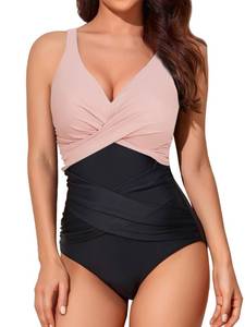 lot 4152 image: Smismivo Tummy Control Swimsuits for Women Slimming One Piece Bathing Suit Modest Padded Ruched Push Up Long Torso Curvy Shapewear V Neck Criss Cross Swimming Full Coverage for Swimwear (Light Pink)