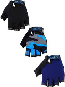 lot 4161 image: Boao 3 Pairs Kids Half Finger Bike Gloves Non-Slip Breathable Adjustable Birthday Gift for Boys Girls for Bike Workout(Stylish,8-12 Years)