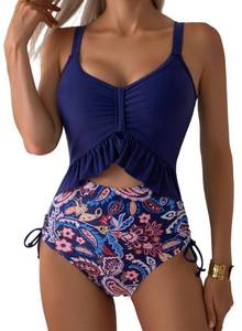 lot 4194 image: Aleumdr One Piece Bathing Suits for Women Long Torso Tummy Control Swimsuits Ruffle Cutout Tie Knot Slimming Swimwear Navy Blue X-Large