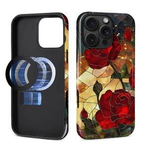lot 4200 image: DAIZAG Case for iPhone 16 Pro,Compatible with MagSafe,Magnetic Phone Glossy Cover,Hybrid Heavy 2 in 1 Full Body Rugged Shockproof-Stained Glass Unrestrained Rose Floral