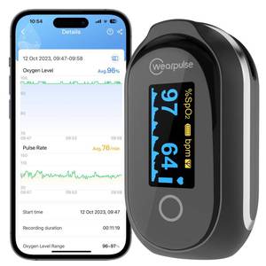 lot 4204 image: Wearpulse Rechargeable Pulse Oximeter Fingertip - Continuous Blood Oxygen Saturation Monitor, SpO2 and Pulse Rate Tracking, Finger O2 Pulse Oximeter , APP Report Features with Bluetooth, Audio Reminder