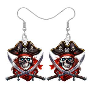 lot 4232 image: DUOWEI Novelty Pirate Skull Dangle Earrings Gifts for Women, Halloween Gothic Acrylic Drop Earrings, Crossbones Design, Halloween Costume Jewelry Accessories (Black)