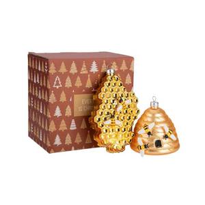 lot 4250 image: Every Day is Christmas Glass Blown Ornaments Cute Hand Made Figurines Tree Decoration, Honey Beehive Set of 2