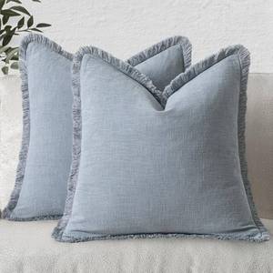 lot 4275 image: MIULEE Decorative Throw Pillow Covers Neutral Linen Fringe Throw Pillows Set of 2 Light Blue Boho Farmhouse Cushion Covers with Tassels for Couch Sofa Bed Living Room Spring Home Decor 20x20 Inch