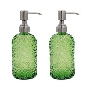 lot 4282 image: SDlumeiy 16 oz Diamond Pattern Glass Soap Dispenser, Kitchen and Bathroom Refillable Soap Dispenser with Rust Resistant Stainless Steel Pump for Hand Soap, Lotion Glass Liquid Dispenser(Green-2pack)