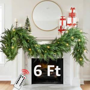 lot 5911 image: Christmas Cedar Garland Realistic - Cypress Decorations with Lights 6ft for Mantle Lighted Faux Pine Garlands for Xmas Home Decoration Indoor Stairs Railing Fireplace Outdoor 6 ft Prelit Door Decor