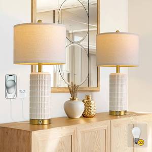 lot 5915 image: PoKat Touch Bedside Table Lamps with USB Ports for Bedroom Living Room, 25ftft Dimmable Nightstand Touch Lamps for Living Room, Modern Ceramic Lamps for Night Stands Bedroom, Office, White and Beige