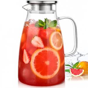 lot 5921 image: Potdoctor Glass Pitcher with Lid, 2 Liter 68oz Water Pitcher with Handle and Spout for Fridge, Borosilicate Glass for Iced Tea, Juice, Sangria, ColdHot Beverage, Large Jug