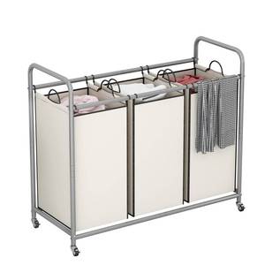 lot 5926 image: LINZINAR 3-Bag Laundry Sorter,Laundry Hamper Cart with Heavy Duty Rolling Lockable Wheels and Removable Bags (Beige)