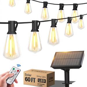 lot 5927 image: Stright 60FT Solar String Lights Outdoor Weatherproof with Remote, Solar Powered LED Edison Bulb 15 Sockets Outdoor String Lights for Outside Patio Backyard Fence Halloween Christmas Decorations