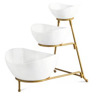 lot 5929 image: YHOSSEUN 3 Tier Serving Stand Oval Serving Bowl with Metal Rack, Tied Serving Bowls Food Display Dessert Appetizer, Chip and Dip Serving Bowl Set for Parties, Gold-45oz  17.5oz  7oz