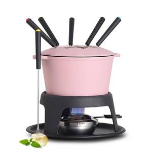lot 5940 image: Artestia Cast Iron Cheese Fondue Pot Set for Chocolate Swiss Fondue Set Camping Fondue Set with 6 Fondue Forks, 11-Piece Cheese Fondue Set Serve 6 Persons (Pink)