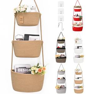 lot 5948 image: Hanging Storage Baskets, Over the Door Basket, Cotton Wall Baskets Storage, Hanging Door Basket with 4 Hooks