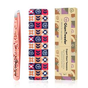 lot 6295 image: Expert Slant Tip Tweezers with Leather Case, GlamTweeler Sharp and Precision Stainless Steel Tweezer for Eyebrows, Facial Hair and Fine Hairs Removal (Glitter Rose Gold)