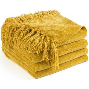 lot 6316 image: LONG CREATE Chenille Throw Blanket for Couch 50X 60in, Soft Cozy Throws with Fringe Tassel for Bed Sofa Chair Cover, Lightweight Knitted Decorative Boho Blankets for Living Room, Yellowin