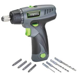 lot 7840 image: Genesis GLSD08B 8V Lithium-Ion Battery-Powered Quick-Change 2-Speed Cordless Screwdriver with LED Work Light, Battery Pack, Charging Stand, 4 Hex-Shank Drill Bits, and 4 Screwdriver Bits