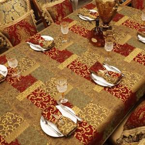 lot 7853 image: Loom and Mill Luxury Fabric Tablecloth 60 x 120 Inch, Christmas Jacquard Patchwork Table Covers with Tassels for Dining Kitchen Tabletop Party Banquet Holiday (Red Gold, 60x120 in)