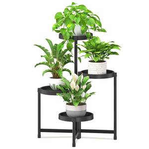 lot 7879 image: iDavosic.ly 4 Tier Folding Plant Stand Indoor Outdoor with Plastic Tray, Tiered Corner Flower Holder Shelf, Metal Orchid Display Rack for Patio Porch Living Room Garden Balcony, Modern Black
