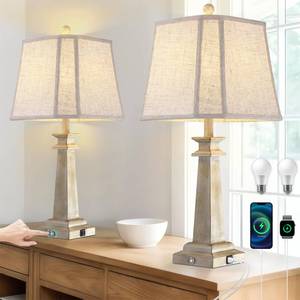 lot 7885 image: Hapcrea 27.5 Table Lamps Set of 2, 3-Way Dimmable Touch Lamps for Nightstand, Farmhouse Table Lamp for Living Room and Bedroom with USB AC Charging Ports, Bulbs Included (Antique White)in