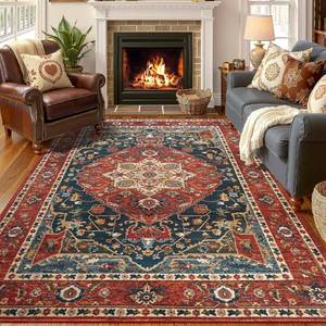 lot 7890 image: YJ.GWL Area Rugs for Living Room 4x6 Machine Washable Rugs for Bedroom, Non Slip Floral Vintage Rug Indoor Carpet, Stain Resistant Throw Rug for Dining Room Kitchen, Orange-Red