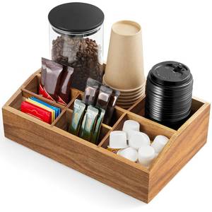 lot 7891 image: ALELION Acacia Wood Coffee Station Organizer for Countertop - 7 Compartments Coffee Bar Accessories and Organizer with Removable Dividers - Coffee and Tea Condiment storage Organizer