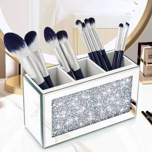 lot 7905 image: Amezey Mirrored Makeup Brush Holder Organizer, 3 Compartments Cosmetic Brush Storage Holders, Crushed Diamond Remote control holder, Pen and Pencil Holder for Desk, Eyeliners Display Case for Vanity