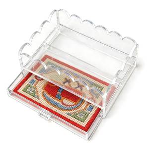 lot 8090 image: Clear Acrylic Trays for Needlepoint with Insert Drawer 5 x 7in, HKKZYT Small Scalloped Acrylic Tray Organizer for Photos, Art, Napkin, Fabric, Messages Display Basketin