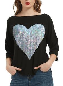 lot 8096 image: PESION Womens Sparkly Heart Elbow Length Sleeve Tops Sexy Shiny Shirts Funny Graphic T-Shirt Blouses, Black Silver Heart, Large