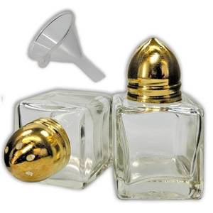 lot 8099 image: Pack of 2 Clear Glass Mini Cube Salt and Pepper Shakers with Gold-Tone Tops and BONUS Easy Fill Funnel by NetSellsIt
