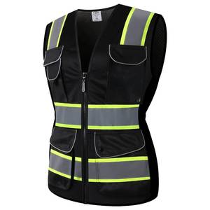 lot 8101 image: JKSafety 9 Pockets Women Hi-Vis Reflective Safety Vest  Mesh Black  Reflective Strips with Yellow Extended Trims  ANSI Compliant (168-Black, L)