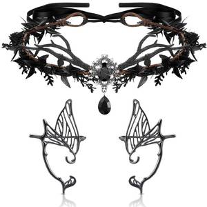 lot 8154 image: Kacctyen Halloween Fairy Leaf Headband Elf Ear Cuffs Elf Crown Cosplay Accessories for Women Halloween Pageant Wedding Prom(Black,Classic Style)
